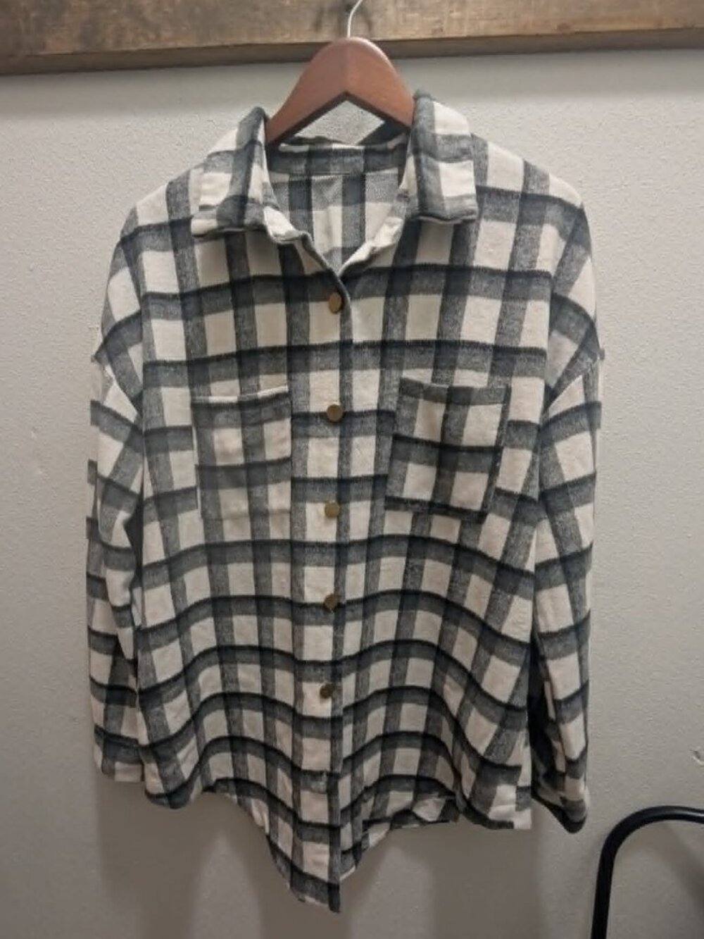 Women's Black & White Oversized Button Down Flannel Shacket - Large